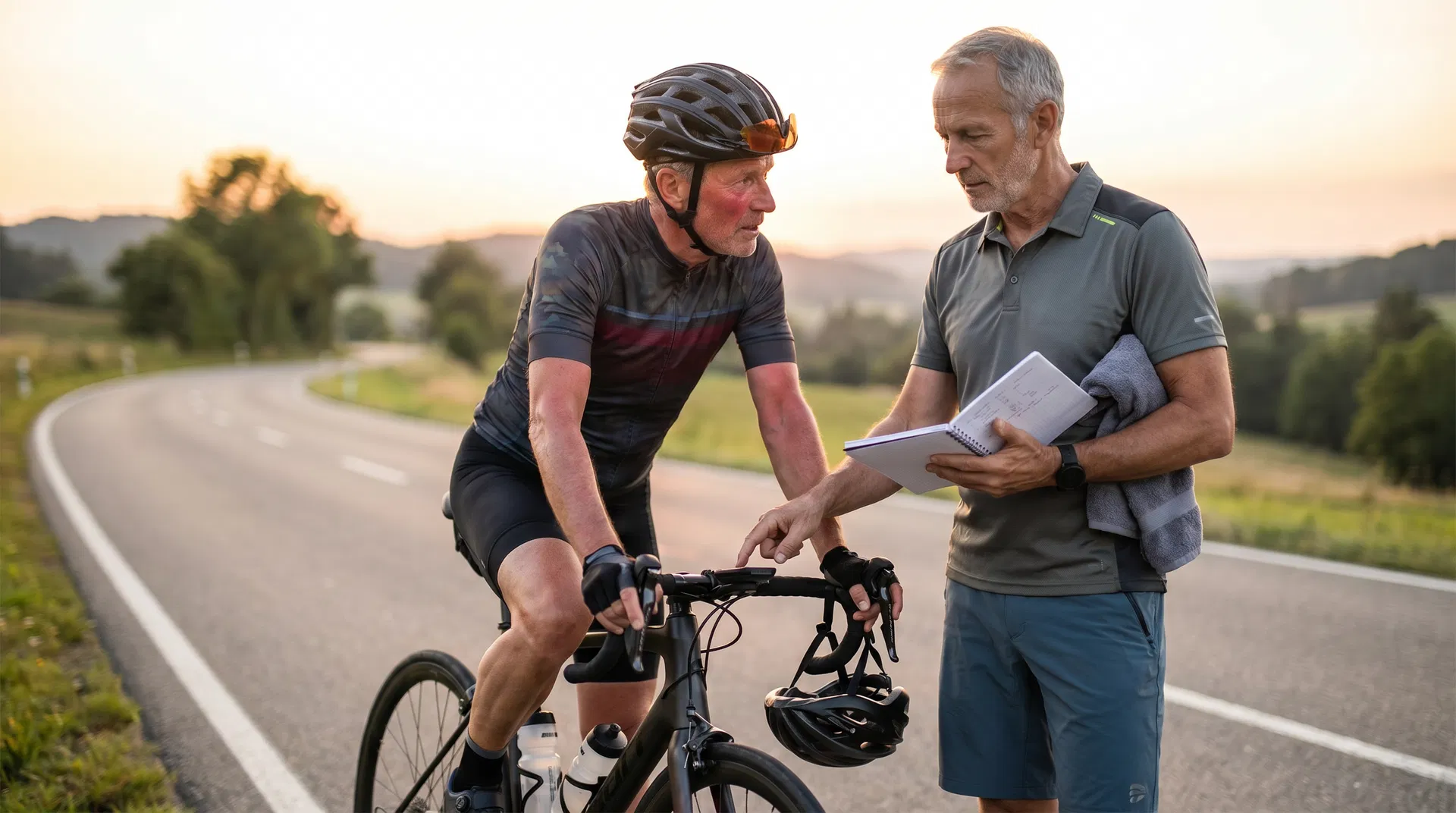 Sportler und Coach besprechen gemeinsam einen Plan am Fahrrad