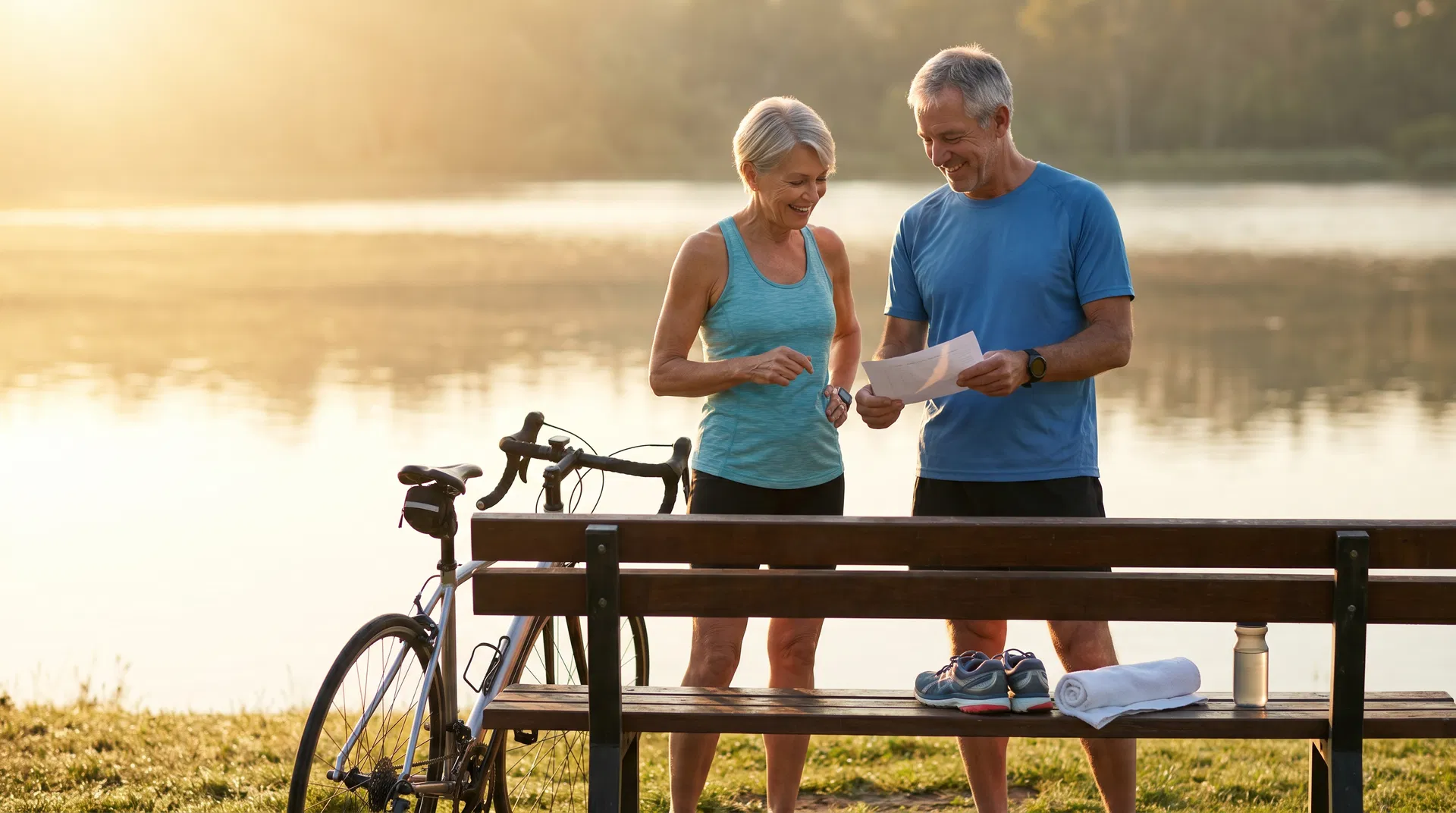 Zwei sportlich aktive Menschen ab 50 besprechen einen Plan neben einem Fahrrad am See