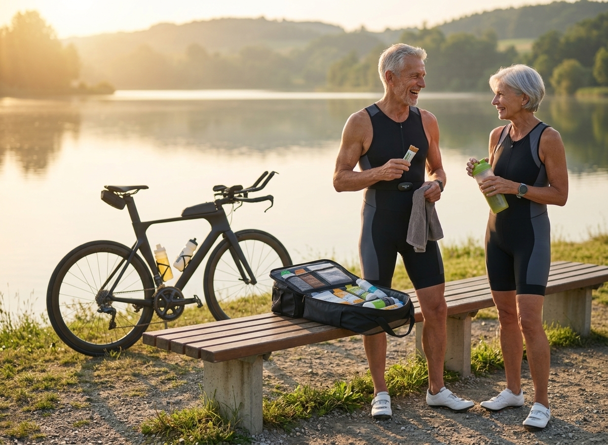 Zwei ältere Sportler besprechen ihren Ernährungsplan neben einem Fahrrad am See.